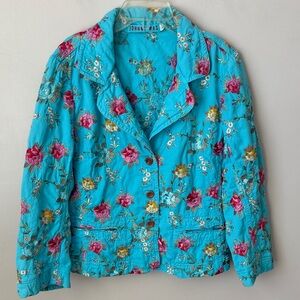 Johnny Was Floral Embroidered Fitted Blazer Jacket Blue Womens Size Large JW